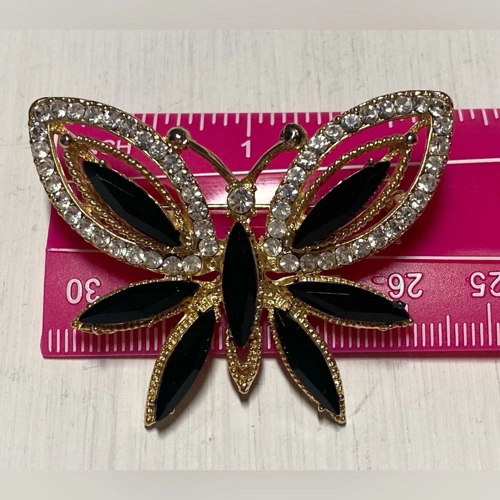 Vintage Black Gold Beaded Butterfly Brooch Pin Accessory Boho Fall Whimsigoth